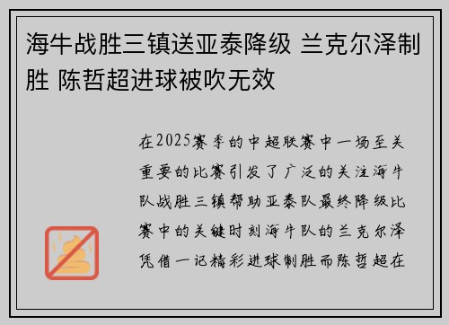 海牛战胜三镇送亚泰降级 兰克尔泽制胜 陈哲超进球被吹无效